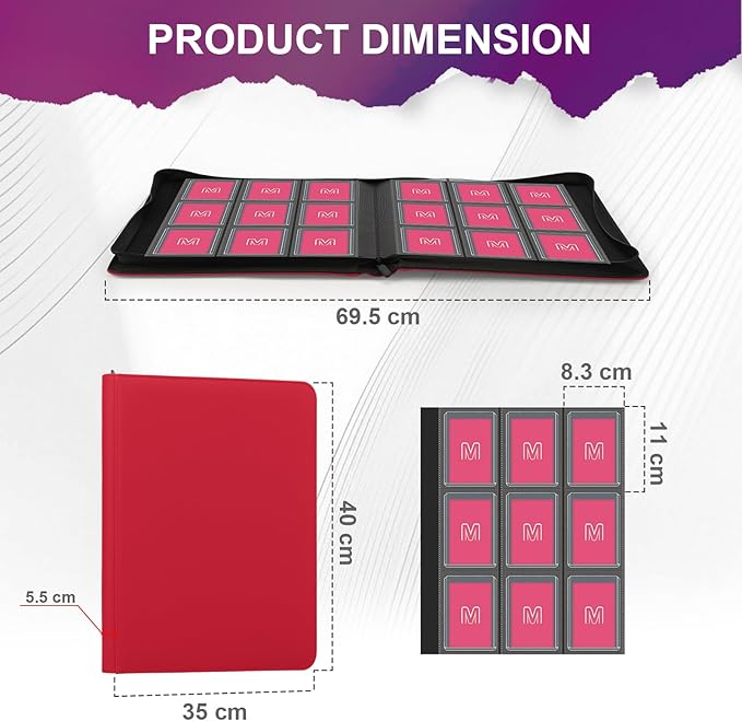 Toploader Binder,Trading Card Binder Storage Hold up 288 Cards 9-Pocket Top Loader Binder with Sleeves for 3"x4" Rigid Toploaders Hard Cases (9Oxblood Red)