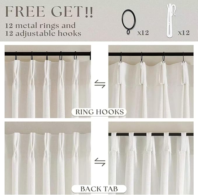 TWODRAPES Natural Pinch Pleated Linen Curtains 1 Panel for Living Room Bedroom Memory Training Shaped Semi Sheer Pleat Drapes with Hooks Rings Light Filtering Window Curtain 60x108