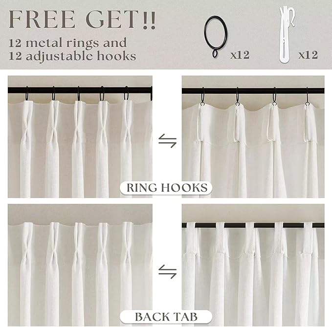 TWODRAPES Pinch Pleated Extra Wide Curtain Panels 96 Inches Long 70 Wide Linen Curtain for Patio Sliding Glass Door Semi Sheer Cream Hooks Rings Privacy 96 Inch Length for Living Room 70x96 1 Panel
