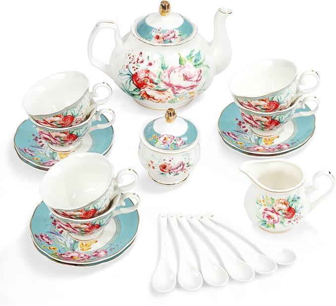 fanquare 21-Piece Green and Floral Porcelain Tea Set, Vintage Ceramic Tea Cup and Saucer Set for 6, Teapot Set for Women Party