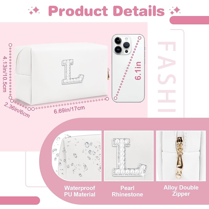Bride Gifts – Personalized Initial Makeup Bag with Pearl Rhinestone Patch, Preppy White Monogram Cosmetic/Toiletry Pouch, bridesmaid Gifts, Bridal Shower Gifts, Wedding Gifts, Bridal Gifts,L