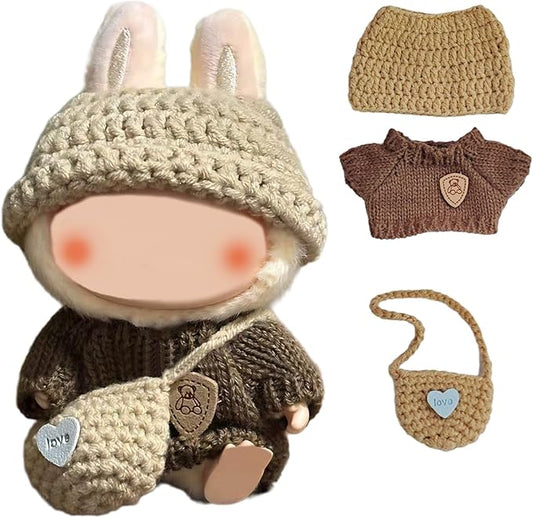 3-Piece Knit and Plush Doll Outfit Set for 17cm Collectibles - Handmade Crochet Set (Hat+Sweater+Bag) - No Doll Included