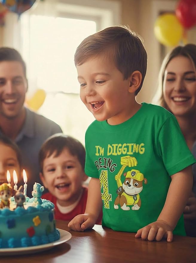 Paw Patrol Rubble Digging Being 4 T-Shirt for Toddler Boys - 4th Birthday Outfit with Construction Bulldozer Theme