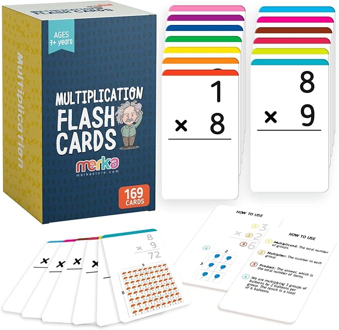 merka Multiplication Flash Cards - 169 Cards, Ages 4-8 - Color-Coded Multiplication Facts Tables for Grade 3 - Homeschool & Classroom Math Games