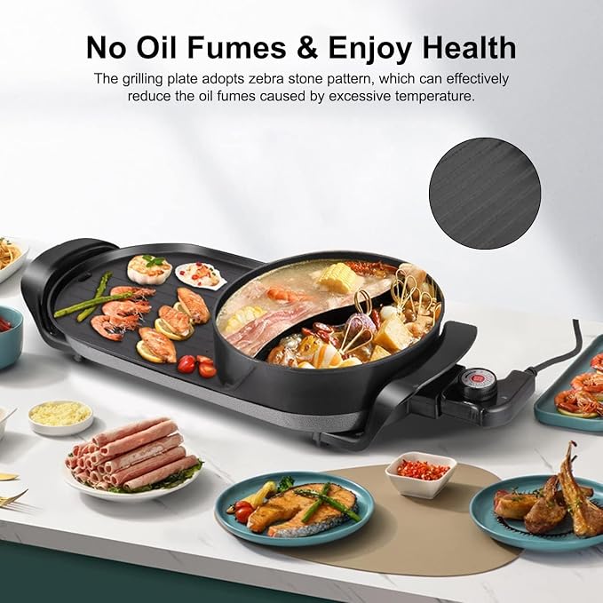 27″ Hot pot with Grill,Electric BBQ Grill 2200W Non-Stick Korean Barbecue Grill for 2-12 People,Independent Dual Temperature Control(110V)