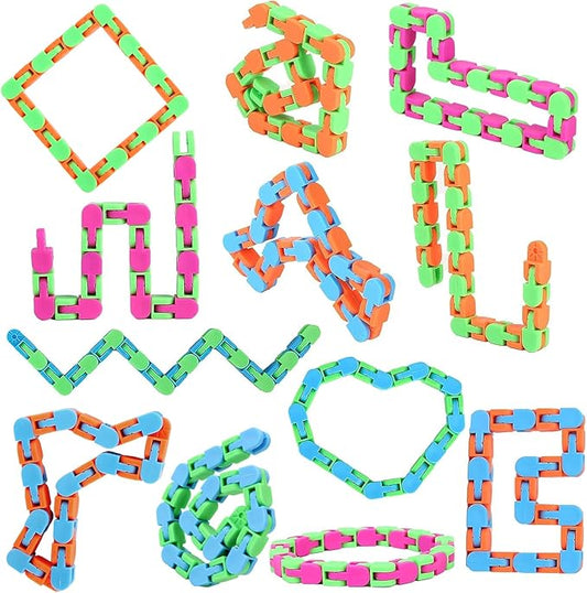 12 Pack Wacky Tracks Snap Fidgets Snake Click Fidget Toys for Kids Adults ADHD Autism Sensory Classroom Stocking Stuffers Stress Relief Focus Tools Keep Fingers Busy and Minds Calm