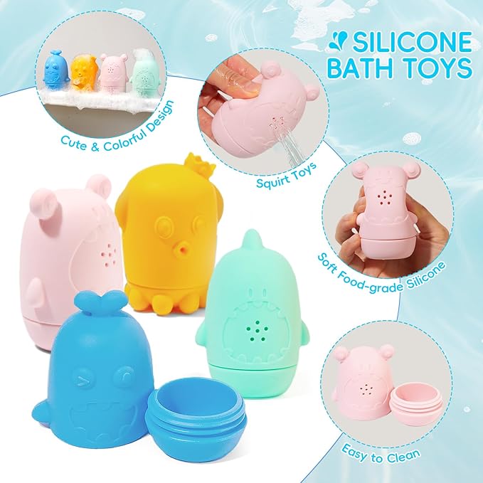 Baby Bath Toys for Kids Ages 1-3, 15 PCS Mold Free Bath Toys for Toddlers 2-4 Bathtub Water Table Pool Toys, Silicone Bath Toy and Bath Boats Spoons, Baby Shower & Birthday Gifts for Babies & Toddlers
