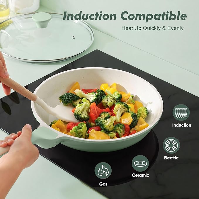 SENSARTE Nonstick Ceramic Frying Pan 12.5-Inch, Healthy Non Toxic Skillet, Induction Compatible Omelet Pan with Heat Resistant Handle, PFAS-Free, Mint Green
