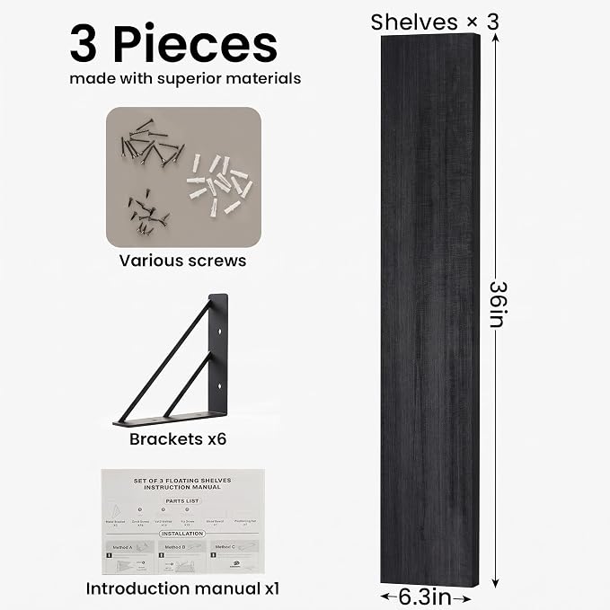 BAYKA Wall Mounted Floating Shelves, Wood Floating Wall Shelf for Books & Decor, Small Space-Saving Display & Organizer（Black，36in，Set of 3）