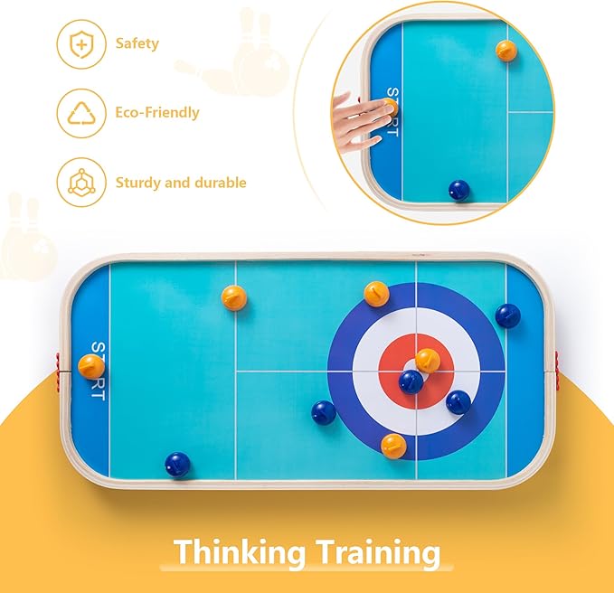 3-in-1 Wooden Tabletop Board Game - Portable Curling, Slingshot & Bowling Set for Kids & Family - Educational Montessori Toy, Screen-Free Indoor Fun, for Boys Girls Ages 3+