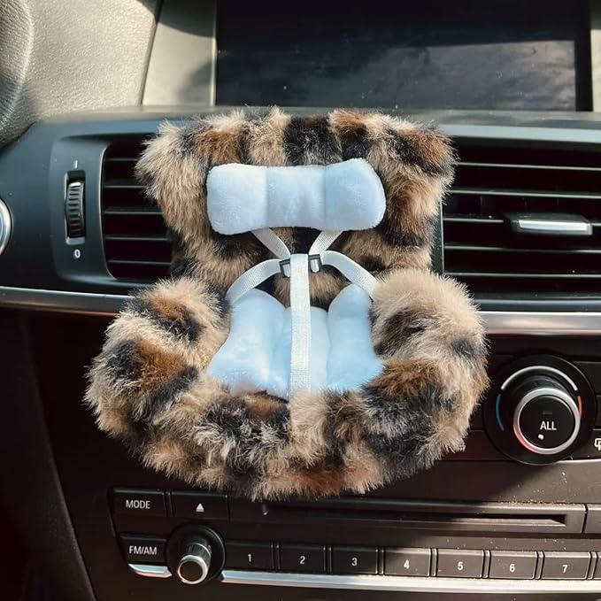 Doll Car Seat for 17cm Dolls with Air Vent Clip and Desktop Stand, Cute and Functional Car Ornament for Blind Box Doll Fans, Collectors (Brown Leopard Print)
