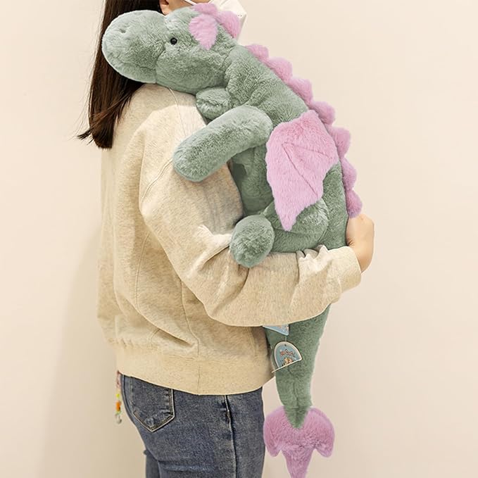 ARELUX Large 37in Cute Dragon Stuffed Animals Plush Toy Soft Matcha Green Pterosaur Plushie Giant Fuzzy Dinosaur Pillow Plushies with Pink Wings Cuddly for Friends Family Member