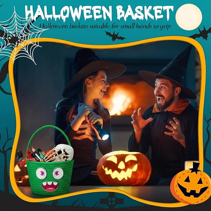 Halloween Basket with Handle Cute Bucket Cotton Rope Woven Candy Bag Pumpkin Witch Cat Pig Storage Basket for Halloween Party Favor(Green,Monsters)