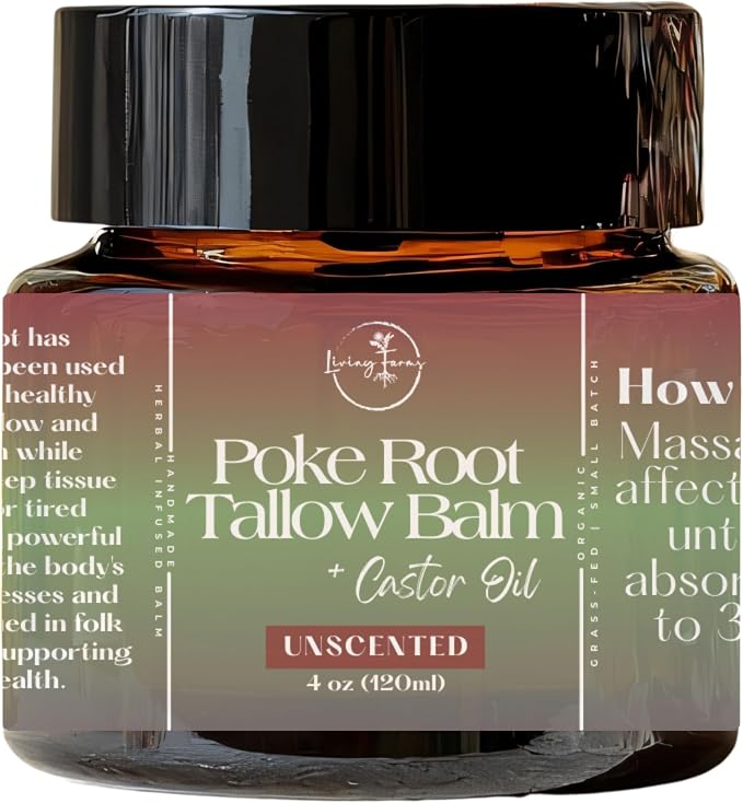 Poke Root Tallow Balm with Castor Oil - Organic Lymphatic Support - Natural Healing Ointment - Handmade in The USA (4oz)