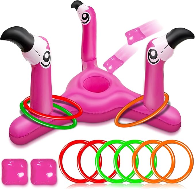 [ Bean Bag & Ring Toss ] Inflatable Flamingo Pool Toys Games Set 2-in-1 Floating Pool Rings Toss & Cornhole Summer Swimming Hawaii Luau Party Water Game for Adults Beach Backyard