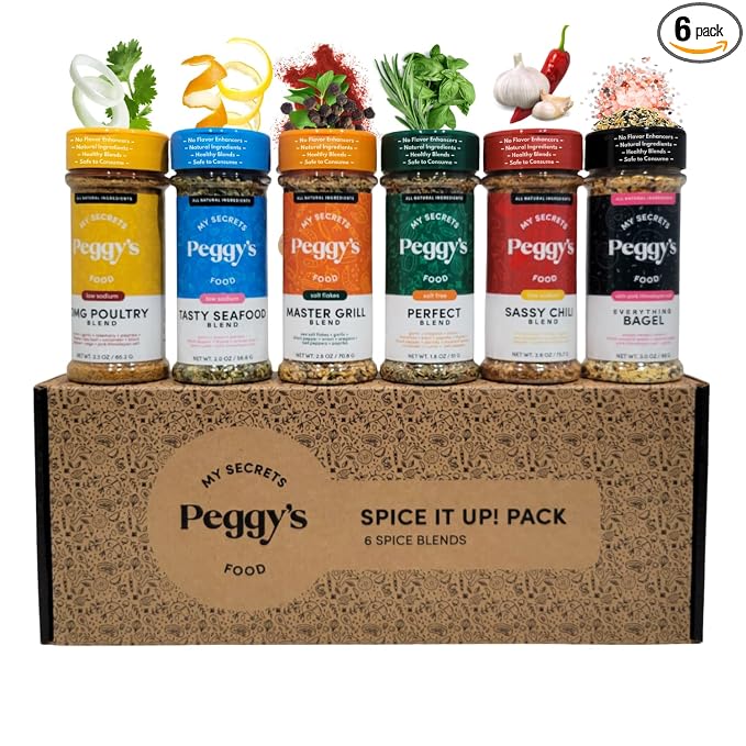 My Secrets Peggy’s Food Spice It Up Pack - Set of 6 Gourmet Seasoning Blends - Ultimate Variety Gift Box for Grilling, Roasting & Baking - Premium Spice Sampler Kit for Meats, Veggies & Soups