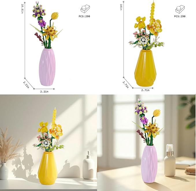 Flower Bouquet Micro Building Set with Vase, Botanical Collection Building Toy, Artificial Flowers Building Blocks Toy Home Office Decor