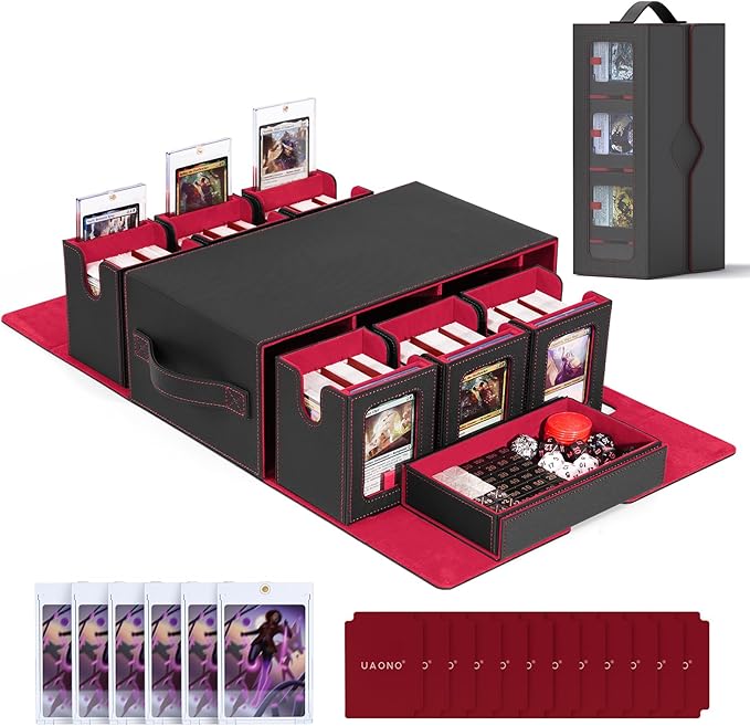UAONO Commander Deck Box for MTG, 6-Deck Modular Card Case with Dice Tray Holds 600+ Double-sleeved Cards, Removable Trading Cards Storage Box with 35PT Magnetic Card Holders for TCG, Black Red