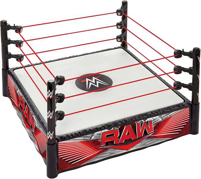 Mattel WWE Superstar Ring with Labels - Main Event & RAW, Spring-Loaded Ring Mat & Pro Tension Elastic Rope