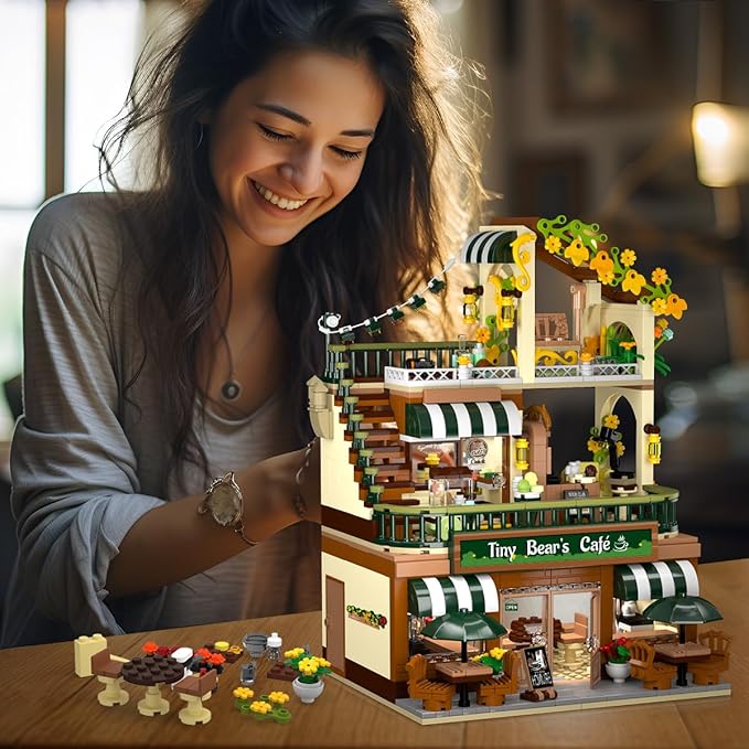 City Coffee House Building Set with Light, 1173 PCS Cafe Shop Building Block Toy with Ordering Counter Baking Room, Architecture Construction Model for Adults Teens Kids Boys Girls Ages 6-12+