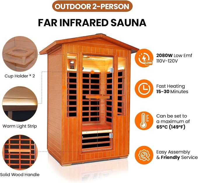 Outdoor Sauna 2 Person Sauna Infrared Saunas Dry Sauna Room 2080W/110V Low EMF Outer Board Red Cedar/Inner Board Fir Wood, Oxygen Bar, Speaker, LCD Control Screen, LED Lights - 48.8*38.2*81.9 in