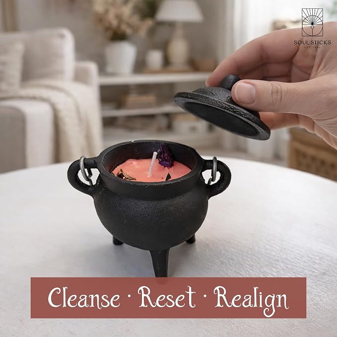 Reusable 4-Inch Cast Iron Cauldron Candle with Lid and Hanging Handle | Ritual & Aromatherapy Candle for Spell Casting, Smudging, Home Cleansing | Herb-Infused with Essential Oils (Rose)