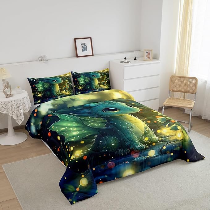 Feelyou Dragon Comforter Set Queen Size Dragon Stuff Comforter for Boys Girls Teens Kawaii Bedding Set Dragon Decor Duvet Set Room Decor Bright Green Quilt Set