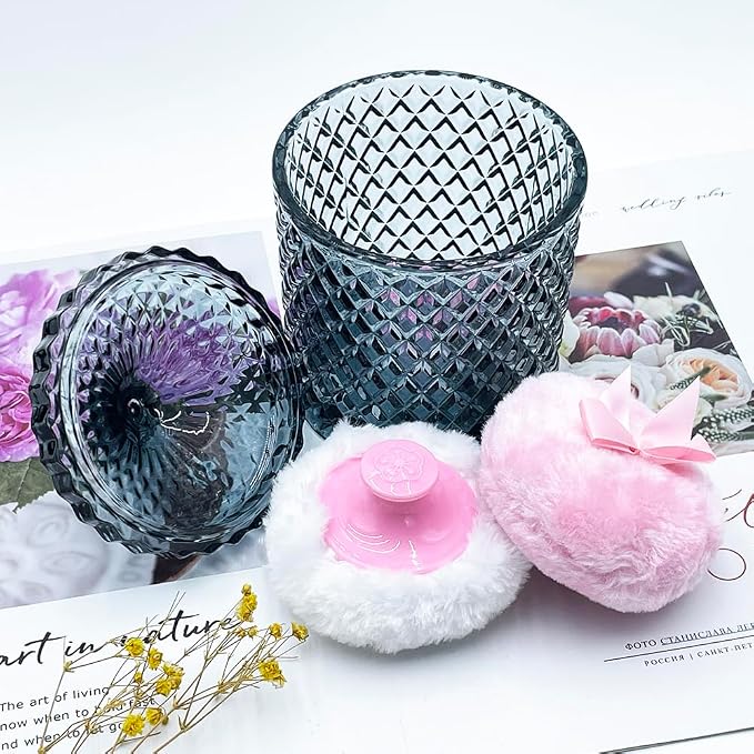 Luxury 4.2 Inch Glass Powder Container with 2 Plush Puffs｜Non-Sealed Organizer for Body Powder&Makeup｜Setting Loose Powder Applicator with Storage(Pointed Cylinder-Gray Blue-Large