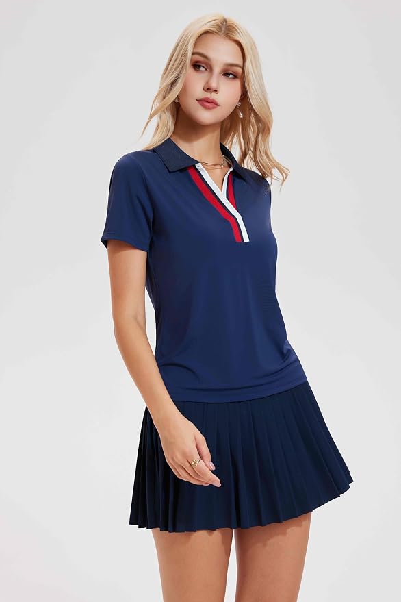 Tennis Skirt Set for Women Color Block V Neck Golf Pickleball Outfits Pleated Athletic Two Piece Skirts Sets