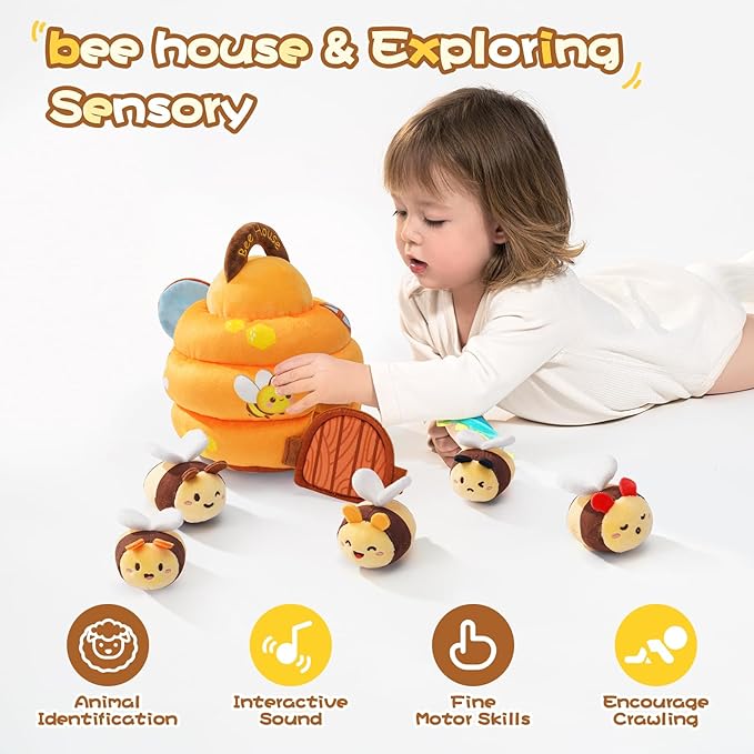 Koty Baby Toys 6-12 Months,Bee House Sensory Learning Toy, Beehive wtih wtih rattles, Squeaker, Mirror,5pcs Yellow Plush Bees, Educational Montessori Toy for Infants 6-12 Months