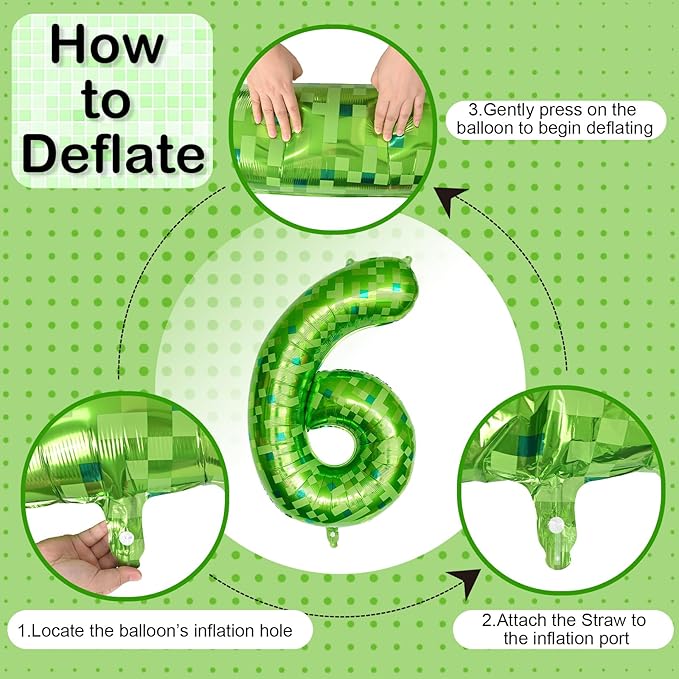 Gaint Green Pixel Number 6 Balloon, Dark Kelly Green Self Inflating 6 Balloons Number, 40 Inch Pixel Foil Six Balloon for Boys Kids 6th Birthday Party Video Game Forest Golf Patrick's Day Decorations