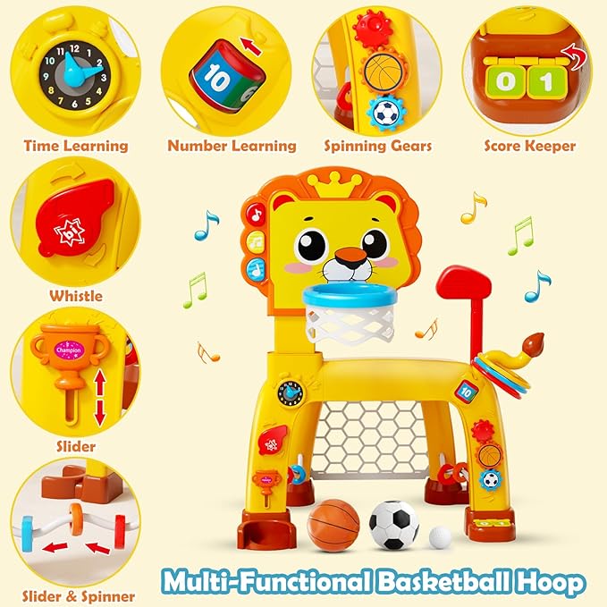 OWNONE 1 4 in 1 Toddler Basketball Hoop & Soccer Goal, Gift for Boys Girls 1 2 3 Years Old, Kids Sports Toys with Lights Sounds Music, Baby Toys for 12-18 Months, Christmas Birthday Gift for Age 1-3