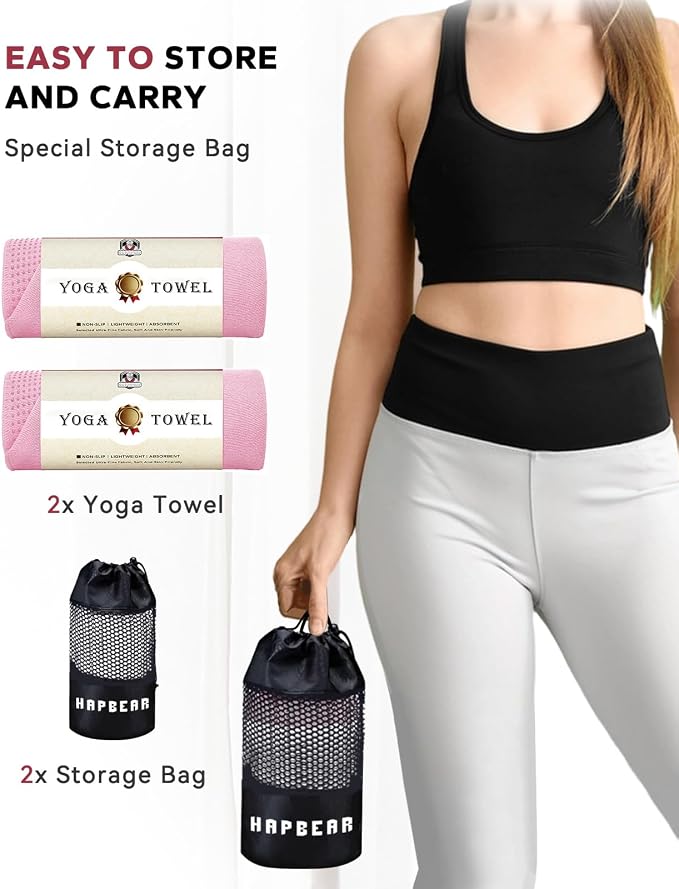 HAPBEAR 2 Pack Hot Yoga Towel with Non-Slip Grip Dots, 72" x 24" - Super Absorbent, Soft Microfiber Yoga Mat Towel for Bikram, Gym, Pilates - Pink