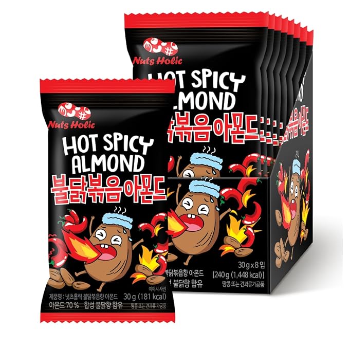 Korean Food Nuts Holic Hot & Spicy Almond, Korean Seasoned, Snack Mix, 8Pk | Hot and spicy Korean-style seasoned almond snack in convenient individual packs