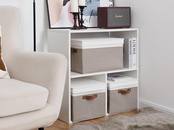 StorageWorks Fabric Storage Bins with Lids, Closet Storage Bins | Lidded Dust-proof, Easy Pull Handles, Foldable, Stackable, Ideal for Clothes Blanket Towel, Jumbo, Brown and White, 3-Pack