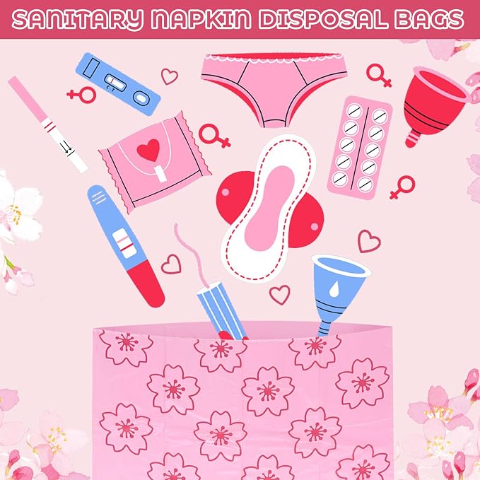 Portable Sanitary Napkin Disposal Bags Cherry Blossom Scented, with Dispenser, 120 pcs Pink Period Disposal Bags discreet period bags Disposable Mini Bags for Women Privacy Handling Bag Diaper Sack