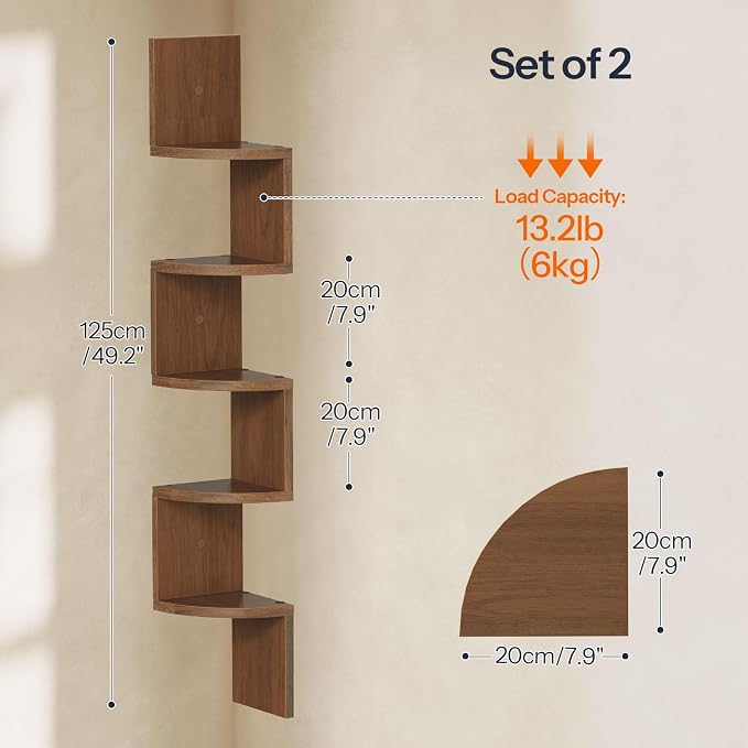 HOOBRO Corner Shelf Wall-Mounted, Set of 2 Floating Corner Shelves for Wall, 5-Tier Corner Bookshelves for Living Room, Bedroom, Bathroom, Home Office, Walnut WL26BJP201
