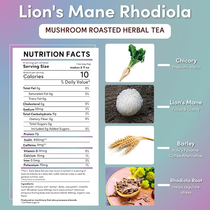 Teeccino Caffeine-Free Mushroom Adaptogenic Herbal Tea - 10 Tea Bags - Lion’s Mane Rhodiola Tea - Rose, 3x More Herbs than Regular Teas, Lightly Sweet from Dates & Figs, Chicory Prebiotic