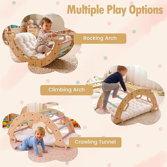 Costzon Wooden Rocking Climbing Arch w/Cushion, 3-in-1 Montessori Kids Climber Rocker for Toddlers, Playground Climbing Ladder Toy, Indoor Gym Learning Playset for Boys Girls Ages 1+ (Macaron)