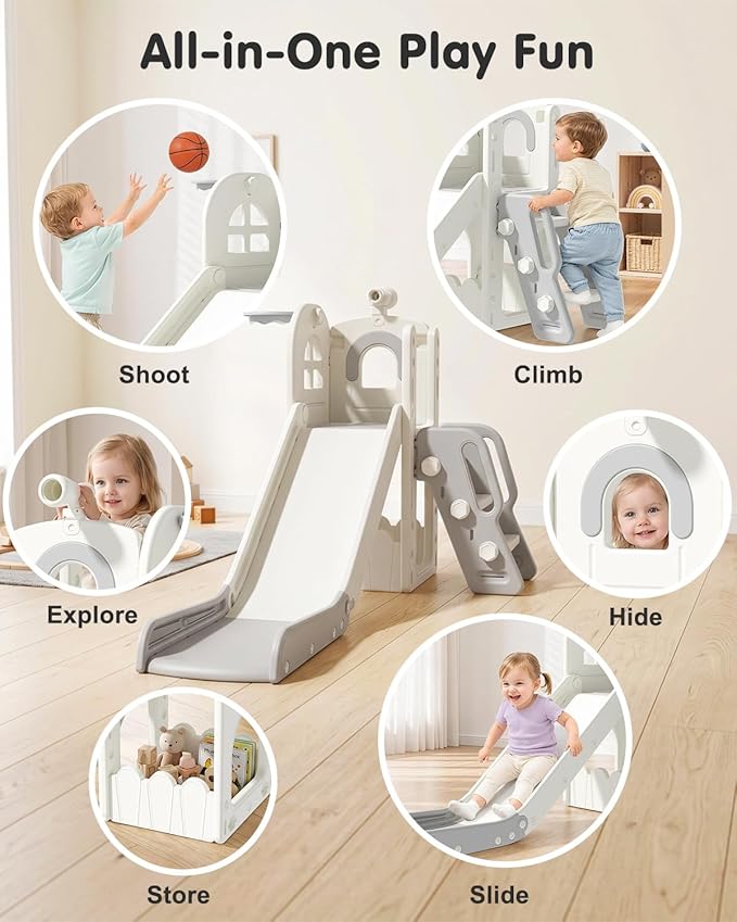 Babytronic Toddler Slide for Kids 1-3, 6-in-1 Toddler Slide Set with Basketball Hoop & Telescope, Indoor Outdoor Toddler Playset, Kids Climber Playset for Small Spaces, Indoor Playground, Cream & Gray