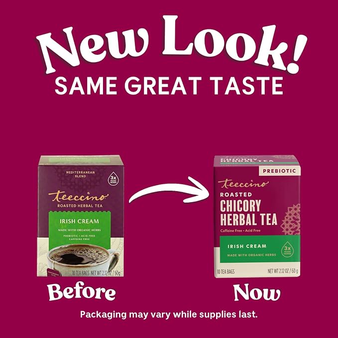 Teeccino Irish Cream Herbal Tea, Rich & Roasted Herbal Tea That’s Caffeine Free & Prebiotic for Natural Energy, 10 Tea Bags