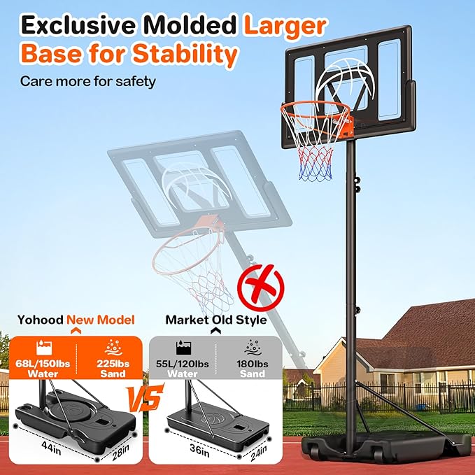 Yohood Basketball Hoop Outdoor 10ft Adjustable, Portable Basketball Hoop Goal System for Kids Youth and Adults in Backyard/Driveway/Indoor, 44 Inch Shatterproof Backboard and Larger Base