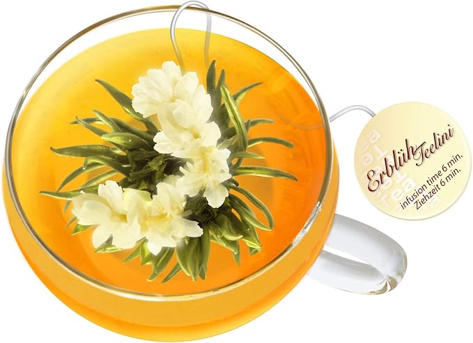 Creano Tea Gift Set Blooming Tea in Cup Size - 8 pcs Flowering White Tea with Glass Tea Cup - 7oz (200ml)