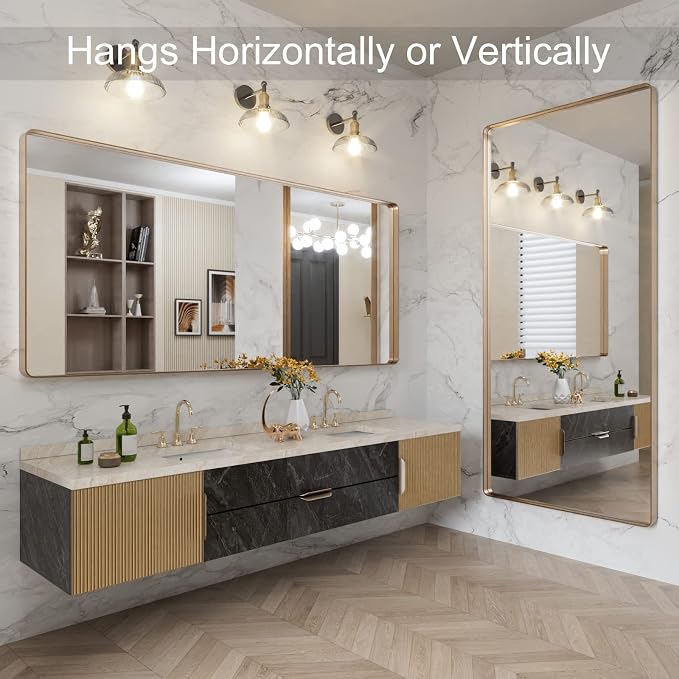 LOAAO 72"X32" Gold Bathroom Mirror | Rounded Rectangle, Brushed Gold Frame, Wall-Mounted, Anti-Rust, Tempered Glass, Hangs Horizontally or Vertically