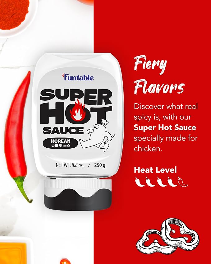 Funtable Halal Super Hot Sauce - Spicy Korean Chicken Condiment, 8.8 oz | Fiery, Tangy Flavor for Wings, Nuggets, Fries, Burgers and BBQ; Ready-to-Use Dip, Marinade or Cooking Glaze