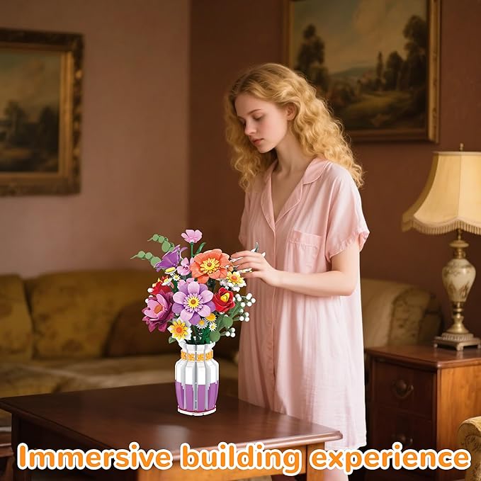 Flowers Bouquet Building Set Wildflower with Vase Compatible with Lego Botanical Collection for Adults Women Girls 14+ Home Office Decor