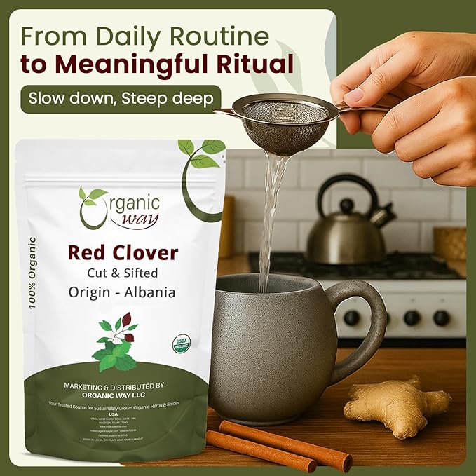 Organic Way Red Clover Flower Cut & Sifted (Trifolium Pratense) Herbal Tea | European Wild-Harvest | Organic & Kosher Certified | USDA Certified | Origin - Albania (1/4LBS / 4Oz)