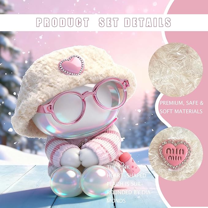 Clothes for 17cm Doll (NO Dolls) - The Set Includes 5 Accessories, Including a Heart-Shaped Velvet hat, Glasses, a Handmade Sweater, a Kettle Pendant and a Bell.Suitable for a 6.7inch Doll