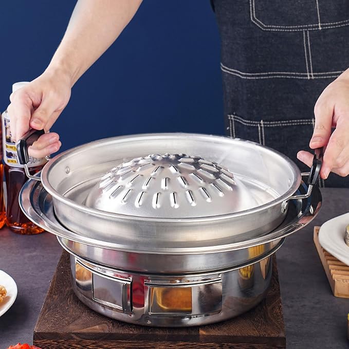 Thai Korean BBQ Grill Pan, Aluminum BBQ Grill Topper, 2 in 1 Non Stick Smoke Steak Grill Charcoal Pan Pork Hot Pot, Even Heating Barbecue Grill Plates, Camping BBQ Pan (30cm/11.81in Original Color)