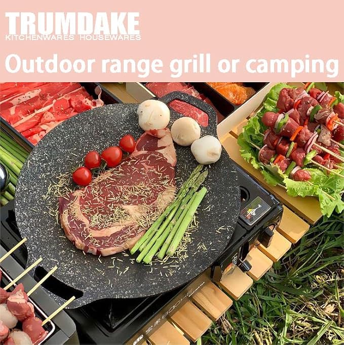 13" Korean Grill Pan with Silicone Mitts - Lightweight Non-Stick Aluminum BBQ Griddle for Indoor & Outdoor Cooking, 6-Layer Coating, Works on Induction Gas Electric Stovetops
